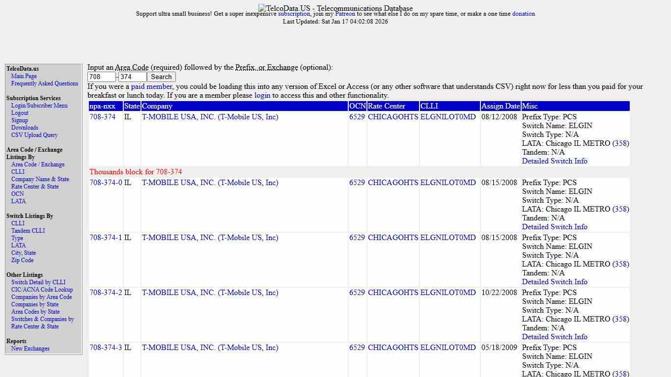 TelcoData.US: Search by Area Code / Exchange